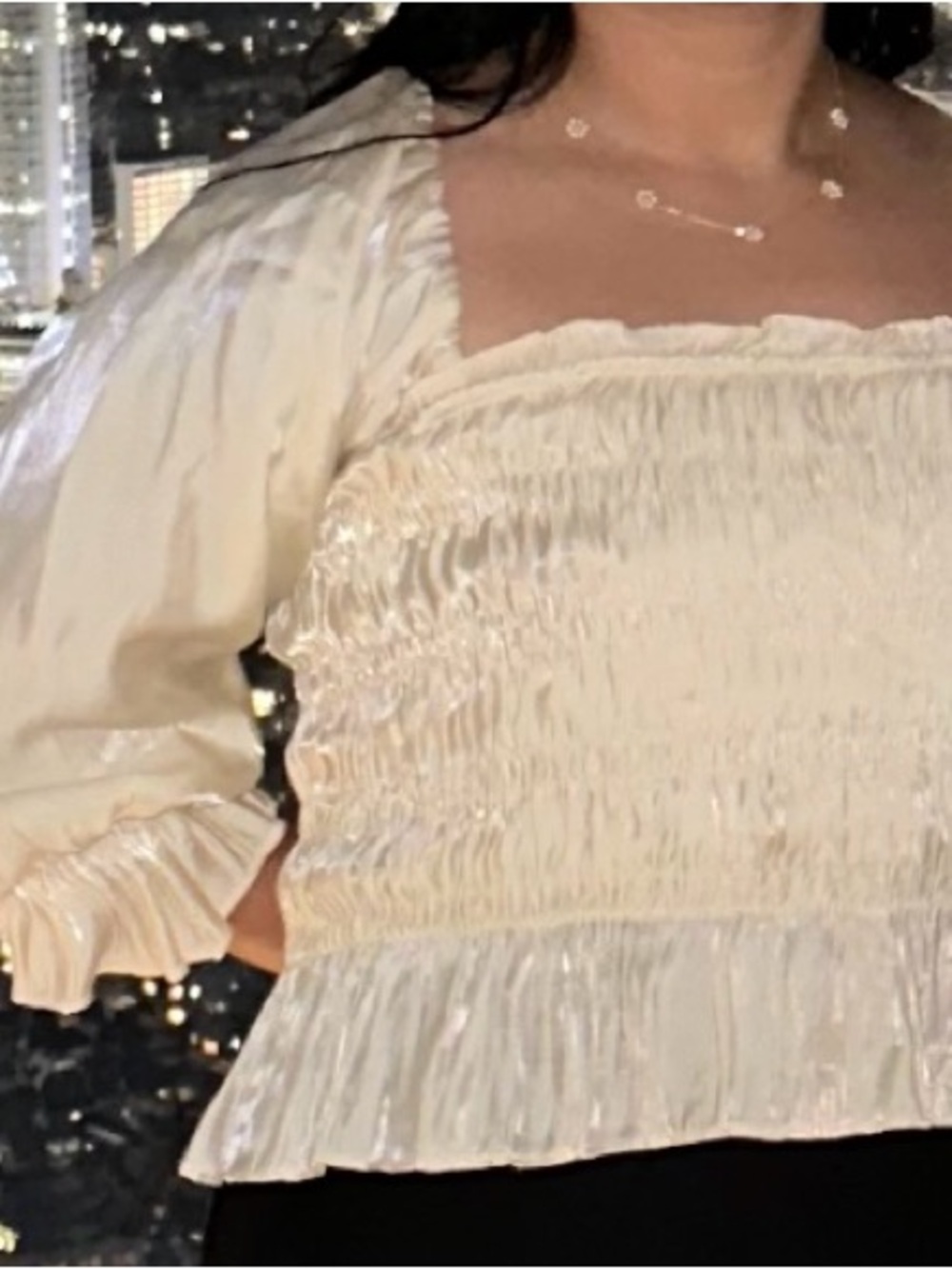 Cream Shimmery Satin Square Neck Puff Sleeve Smocked Peasant Top